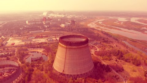 Chernobyl Nuclear Power Plant, toned video. Territory contaminated by radiation near the Chernobyl NPP. Environmental pollution by radiation. Radioactive contaminated environment. Exclusion Zone 1986.