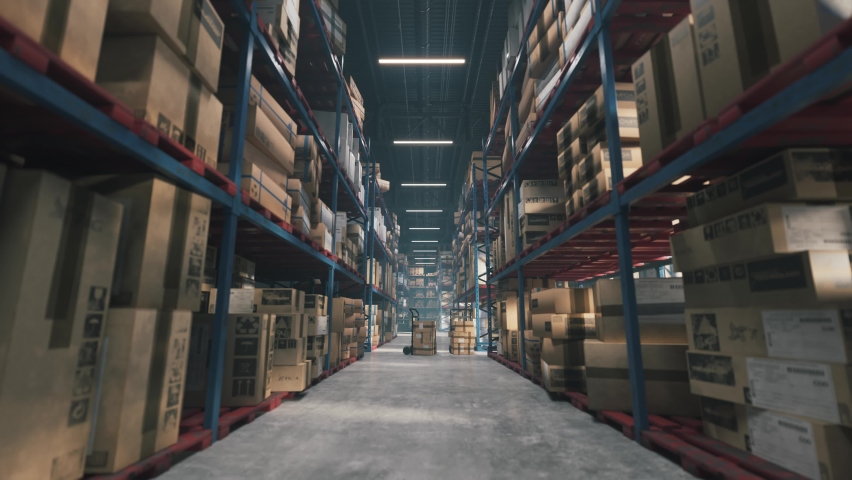 Turning on the lights in the warehouse. Logistic distribution industrial interior. 3d animation