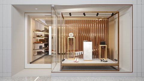 3d Rendering of Exterior Of Clothing Store With Shoes And Other Accessories Displaying In Showcase