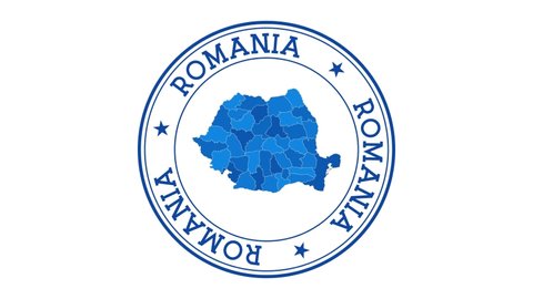 Romania intro. Badge with the circular name and map of country. Romania round logo animation.