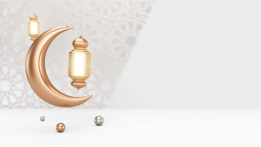 Ramadan candle lanterns and moon are hanging and swing on clean white background with islamic ornament. Loopable 3d render Royalty-Free Stock Footage #1070560261