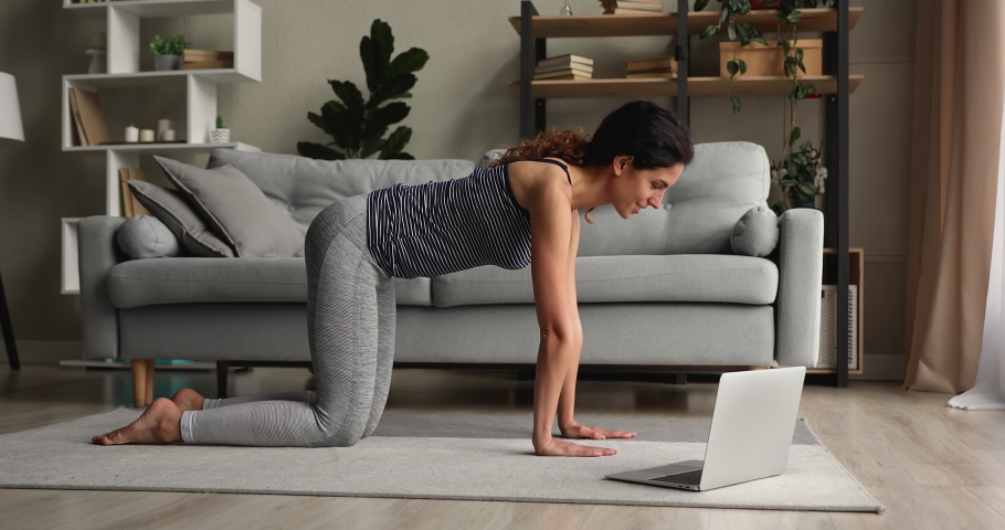 Happy young fit woman in sportswear stretching out leg and arm, doing yoga exercises or workout alone in living room. Female enjoying fitness pilates online class webinar with trainer on computer. Royalty-Free Stock Footage #1070560507