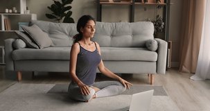 Happy young woman in activewear sitting on carpet in lotus position, doing yoga breathing exercises, stretching. Female watching or giving educational pilates training webinar online using computer.