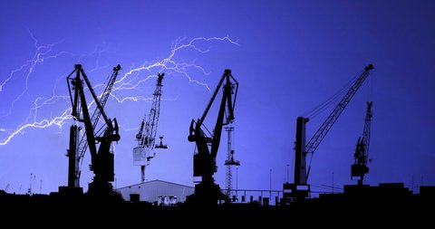 Big Container Cranes In The Port Of Hamburg Stormy Night Lighting Bolt Time Laps