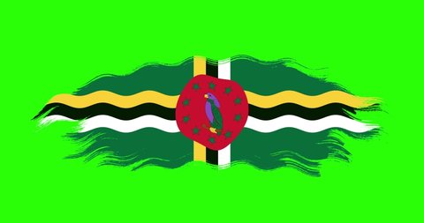 Dominica national brush stroke flag waving on green screen background. Dominica flag 4K seamless wave loop on green screen background