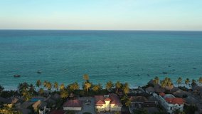 Aerial video: flies along the beach and ocean, in the frame of kitesurfers and kites, palm trees and tropical coast