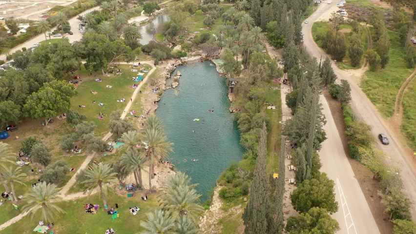 Gan HaShlosha (Sahne) National Park, Aerial view
, drone view over israel national Park Close to Beit Shean and Jordan Valley
