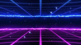 Background Grid Nostalgic Futuristic Space Cyber Reality Purple And Blue Grid With Energy Discharges And Flying Stars