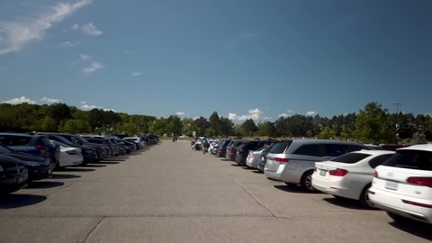 TORONTO, CANADA - AUGUST 2019: Gimbal Driving Toronto Zoo Parking Lot During Summer Afternoon
