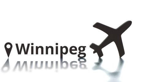 Winnipeg text with city geotag and airplane icon. Arrival concept