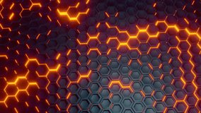 Futuristic abstract hexagonal grid background. Trendy hexagon surface pattern honeycomb with offset effect. Lava-like abstract glowing sci-fi video loop. Red fire through black islands 3D animation