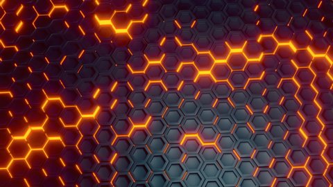 Futuristic abstract hexagonal grid background. Trendy hexagon surface pattern honeycomb with offset effect. Lava-like abstract glowing sci-fi video loop. Red fire through black islands 3D animation