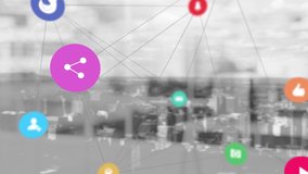 Digital composition of network of digital icons against cityscape in background. social media networking and technology concept - Powered by Shutterstock - Get 15% off with code: PIKWIZARD15