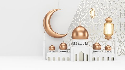 Mosque and candle lanterns with moon are hanging and swing on clean white background with islamic ornament. Ramadan kareem template. Loopable 3d render