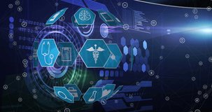 Animation of medical digital icons over scopes scanning on blue background. global technology, medicine, connections and digital interface concept digitally generated video. - Powered by Shutterstock - Get 15% off with code: PIKWIZARD15