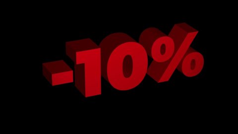 10 percent OFF. Red 3D text looped animation with a five percent discount for the sale. 4K motion with alfa-channel