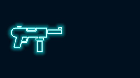 Glowing neon line Submachine gun M3, Grease gun icon isolated on black background. 4K Video motion graphic animation .
