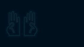 Glowing neon line Rubber gloves icon isolated on black background. Latex hand protection sign. Housework cleaning equipment symbol. 4K Video motion graphic animation .