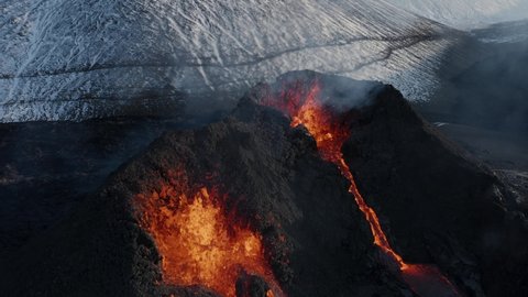 Above spatter cone volcano erupting in Iceland hotspot, Fagradalsfjall