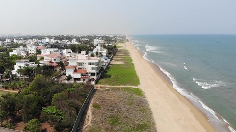 Chennai City ECR Beach Waves in the Residential Area Drone 4K Shot