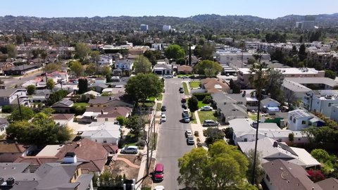 Panoramic view of Burbank city, Los Angeles. Aerial ascending