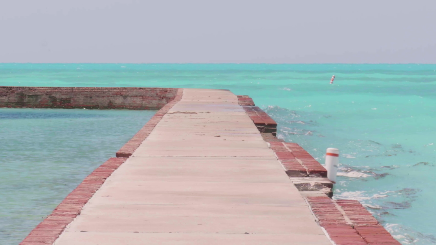 The brick walkway surrounding the mote area of Fort Jefferson, part of Dry Tortugas National Park in the Florida Keys, 70 miles off the western coast of Key West.