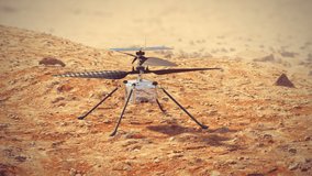 Ingenuity helicopter prepares for the first takeoff from the surface of Mars. 4k animation