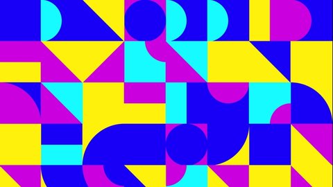 4K seamless loop 80s 90s Retro background with bold geometric shapes, useful for web background, poster art design, magazine front page, prints, cover artwork.