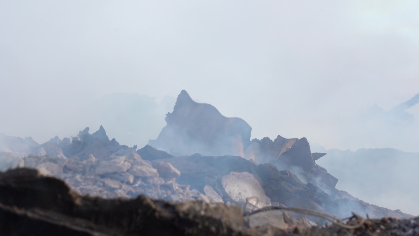 The Panorama of the Conflagration. The House Burned Down. Smoking, Blackened Rubble of Structure that has Burned to Ground
