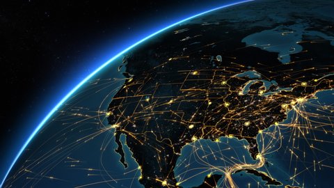 
Animation of the United States map with bright connections and city lights. Yellow lines representing aerial, maritime, ground routes, state and country borders. 