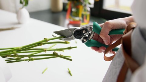 people, gardening and floral design concept - close up of woman arranging flowers and cutting stems with pruning shears at home