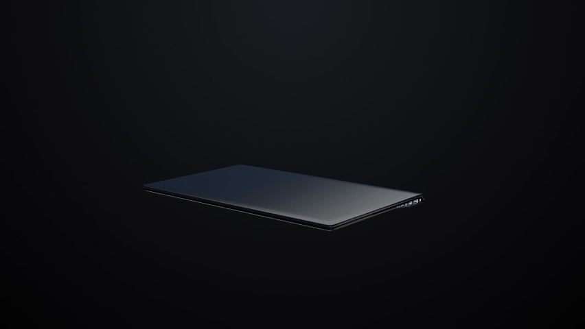 HIgh-End black laptop opens smoothly on a stylish background.Luma matte is included for easy background replacement. Futuristic.Artificial intelligence. Computer Graphics. High Tech.Mockup.3Drendering