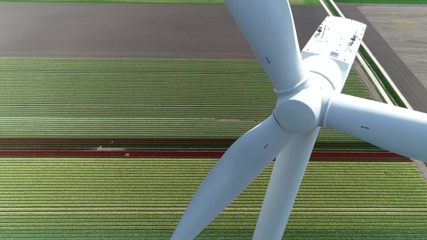 Aerial close up view of wind turbine is a device that converts the wind's kinetic energy into electrical providing homes with sustainable renewable electricity located at colorful tulip field 4k Royalty-Free Stock Footage #1070634625