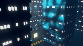 4K video animation of cyberpunk cityscape moving between buildings in a dark foggy environment. Abstract 3D render motion background seamless loop.