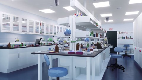 Empty bright scientific research lab room interior with various modern laboratory equipment on workplace table. With no people medical and science technology concept 3D animation rendered in 4K