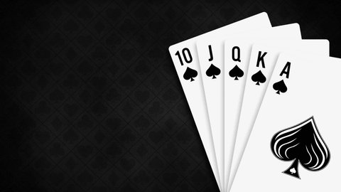 Animation opening Royal flush playing cards on black background. Poker and Casino Playing Cards. Blank poster template with design card royal flush poker hand. Motion design.