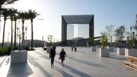 Dubai,United Arab Emirates-April
8-2021:A daytime view of the entrance gate of the Sustainability Pavilion at the Dubai Expo 2020 site.