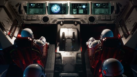 Astronauts fly through a space portal in an interstellar spacecraft. The animation is for fantastic, the futuristic or space travel backgrounds. View of the spacecraft with an astronaut.