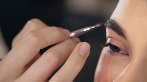 MUA applies an eyebrow dye on a face of a fashion model. A professional make-up artist works in a studio. High quality 4k footage