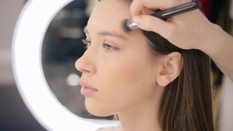 Beautiful woman prepares for a photoshoot. Creative makeup artist applying face powder on a model. High quality 4k footage