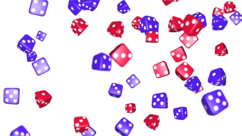Many gambling Casino dices chance Loop motion Background Alpha Green Screen. 3D blue and Red Color Flight through Dices. Chips, Jackpot, Poker, Las Vegas, Game, Money, Roll, Cube, Betting,