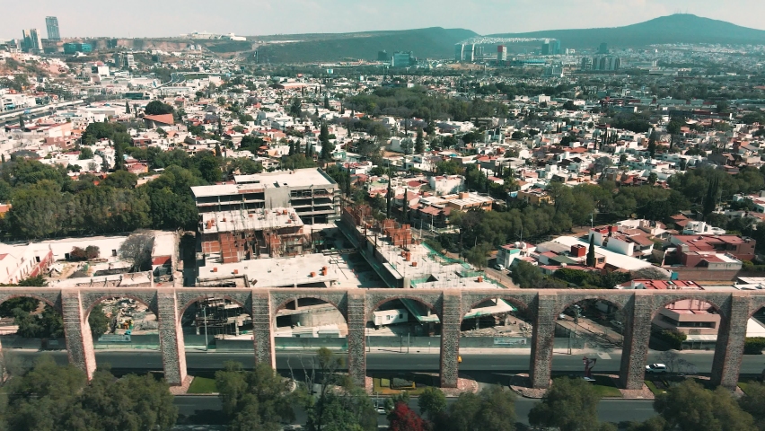 Lateral view of Arcos de Queretaro in Mexico seen from a drone