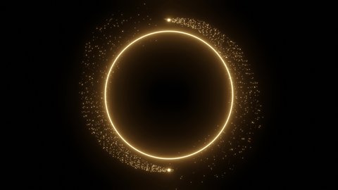 Golden ring border turn around with gold particle comet ,with black background 3d render animation