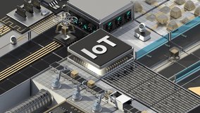 Smart factory controlled by Robotic process automation(RPA). 'IoT' typo with an Artificial Intelligence cpu chip in the center. 4k animation. - Powered by Shutterstock - Get 15% off with code: PIKWIZARD15