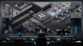 Smart factory controlled by Robotic process automation(RPA) in main control center. Smart factory concept with an Artificial Intelligence cpu chip in the center. 4k animation. - Powered by Shutterstock - Get 15% off with code: PIKWIZARD15
