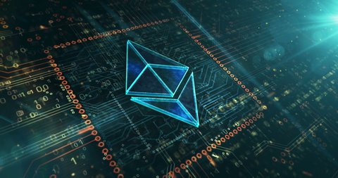 Ethereum symbol, ETH, digital money, cryptocurrency, cyber coin and crypto currency icon concept. Metal symbol on circuit board. Abstract concept 3d rendering animation.