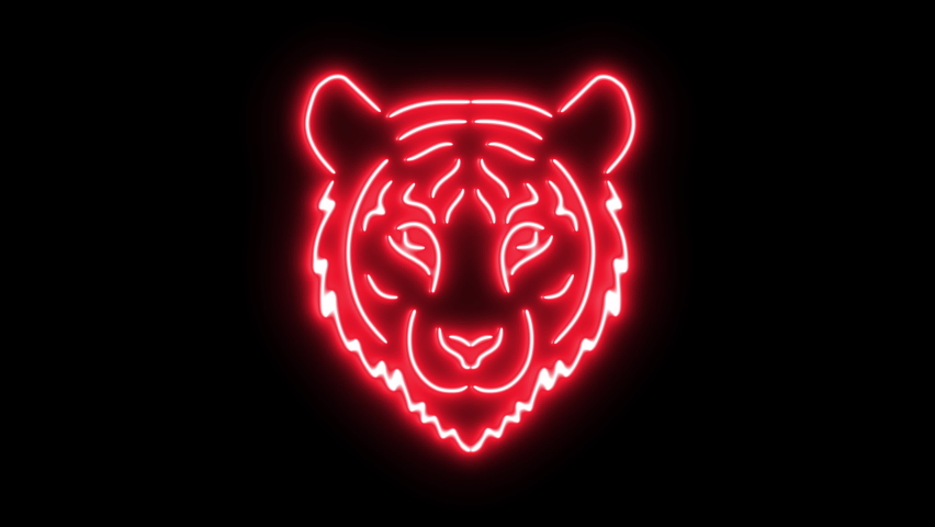 Chinese Zodiac Tiger 2022 Year. Tiger head outline of burning flames and neon lights. Compilation of animation with fire and glow light effects.