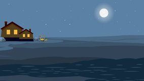Silhouette of a House Under a Blue Starry Sky beside the River. Animation video clip in high resolution.