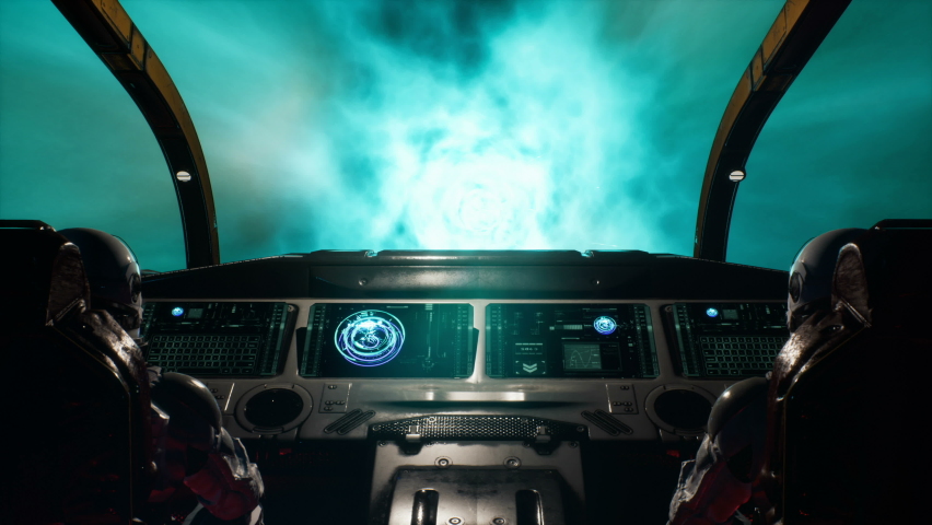 Space travelers astronauts fly through the space portal in their interstellar spacecraft. The loopable animation is for fantastic, the futuristic or space travel backgrounds. Spaceship in a wormhole.
