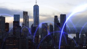 Smart and futuristic metropolis at dusk. Blue holographic lines connecting Manhattan. Arch network animation. Shot in 8K. Famous skyscrapers in downtown New York City. - Powered by Shutterstock - Get 15% off with code: PIKWIZARD15